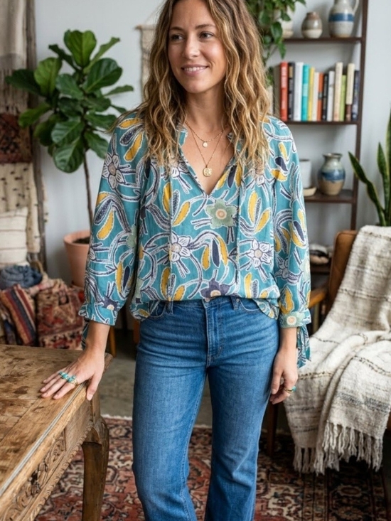 Christian Siriano Tops - Christian Siriano Teal Floral  V-Neck Boho Style with Yellow And Green Accents